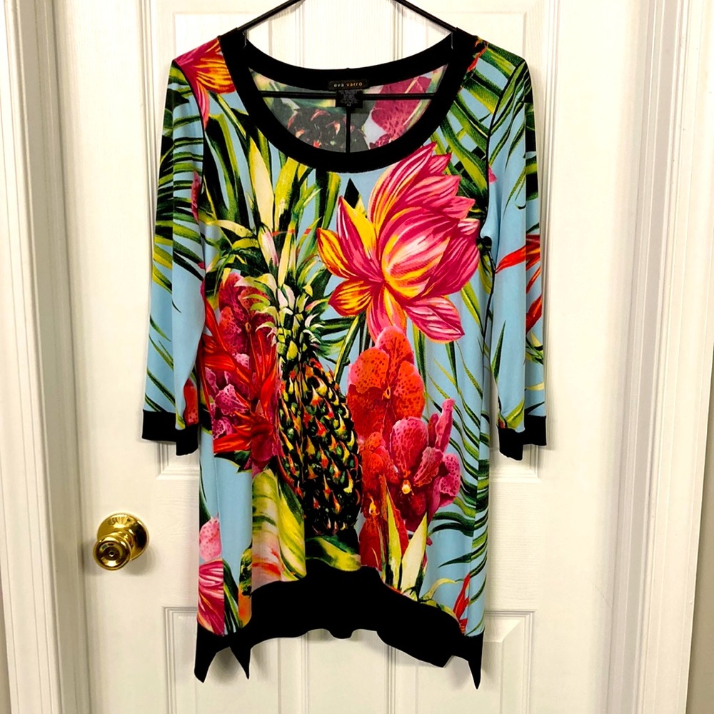 Eva Varro Tropical Botanical & Pineapple Tunic Top NWOT Excellent Condition 🏝️